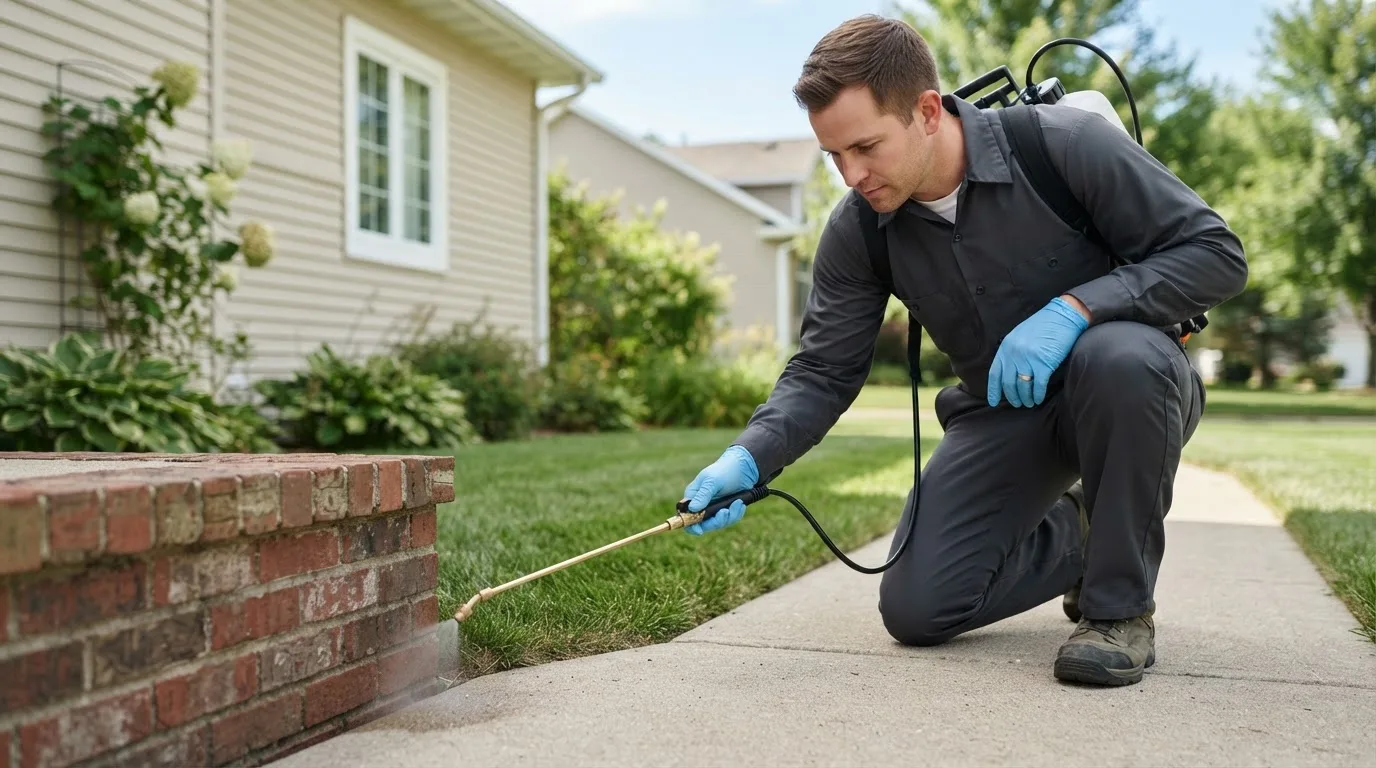 Pest control technician treating a home near Wesley, ME