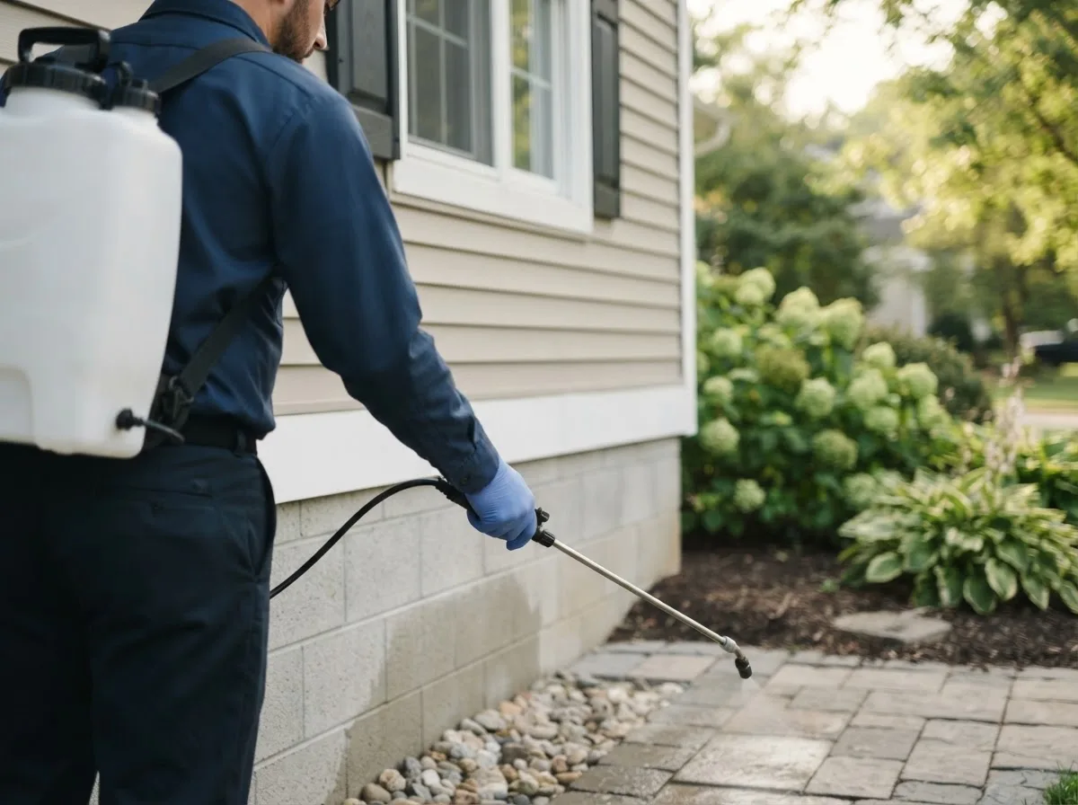 Pest control technician inspecting a home in Wesley, ME